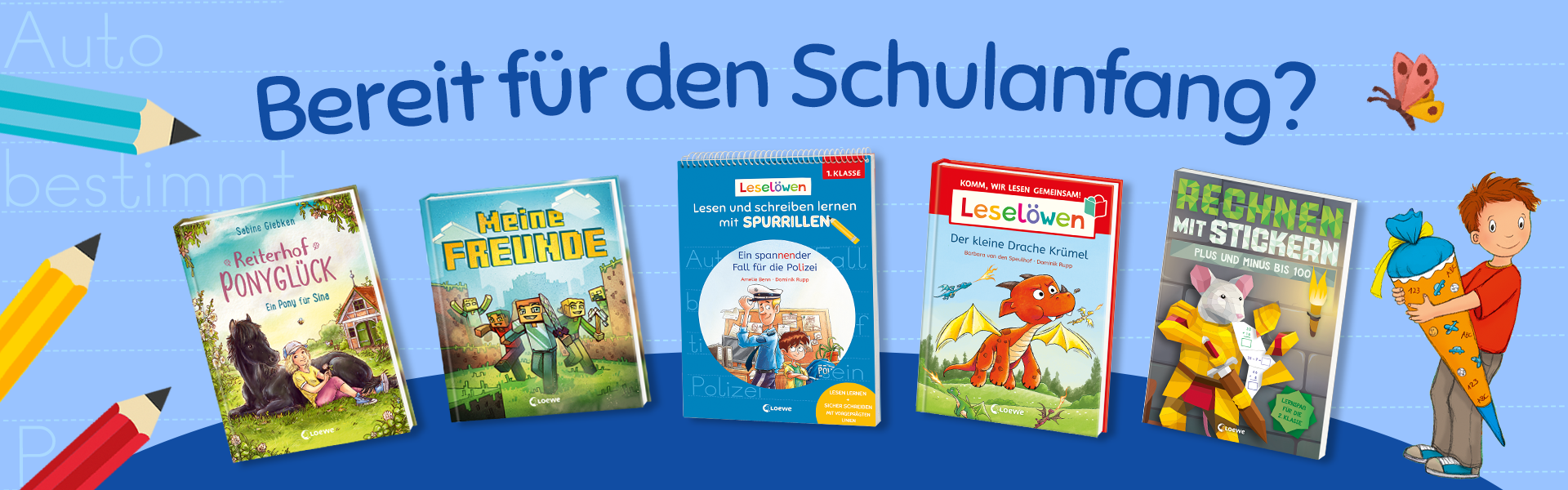 Banner mit blauem Hintergrund: Bereit fuer den Schulanfang? mit fuenf Covern, Buntstiften und einem Jungen mit Schultuete; Linkziel: Schulanfang